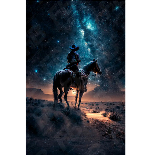 Artistieke diamond painting van een cowboy met zijn paard onder een fonkelende sterrenhemel.