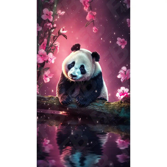 Schilderachtige diamond painting van een panda op een boomstam omringd door roze bloesems en reflectie in water.