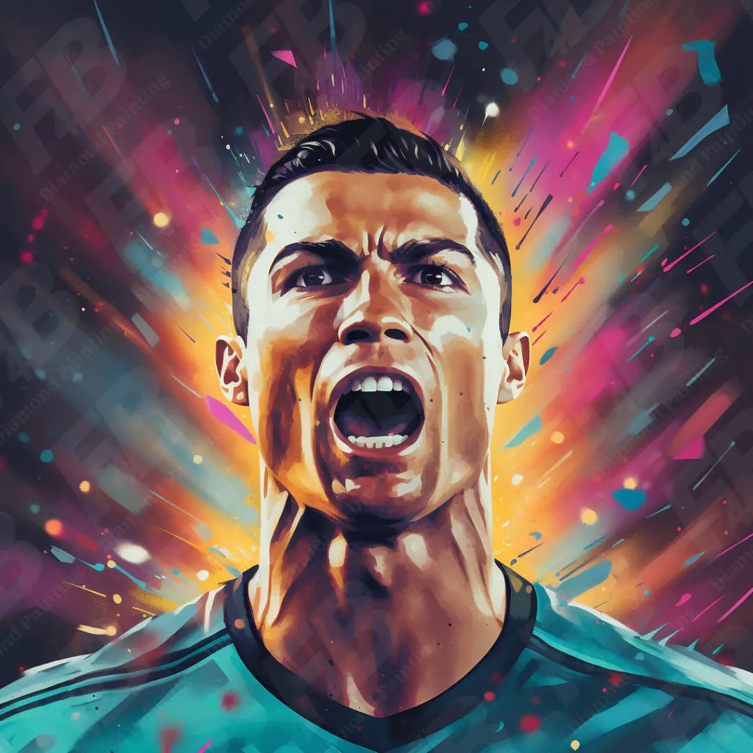 Diamond painting kunstwerk van Cristiano Ronaldo met explosieve kleurrijke achtergrond.