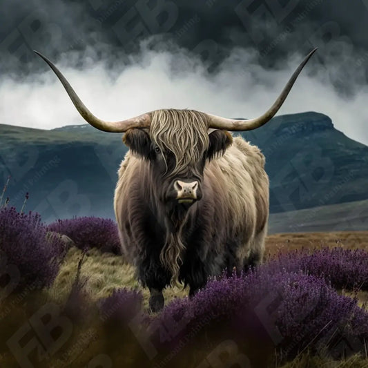 Realistische diamond painting van een Schotse Hooglander tussen paarse heide met berglandschap op de achtergrond.