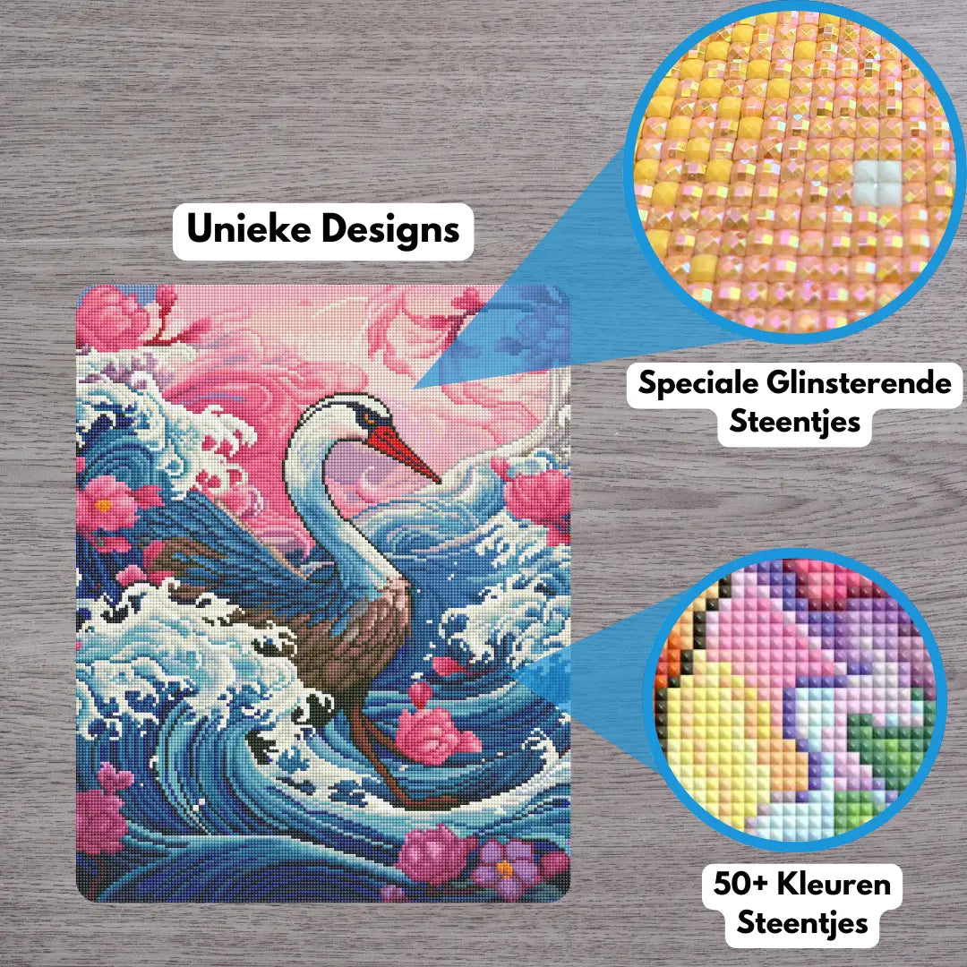 Diamond painting met unieke designs van een zwaan, speciale glinsterende steentjes en meer dan 50 kleuren steentjes
