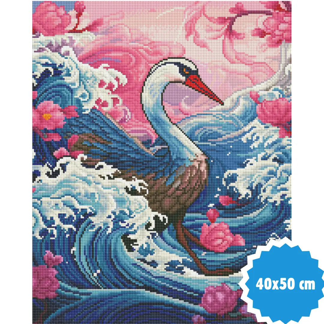 Diamond painting van een kraanvogel omgeven door golven en roze bloemen, 40x50 cm.
