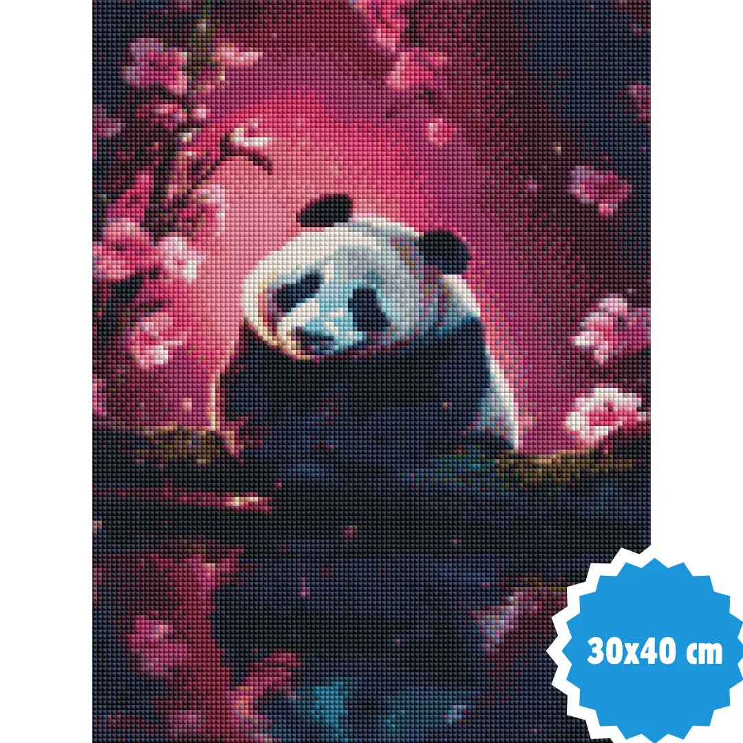 Diamond painting van een panda met roze bloemen, 30x40 cm