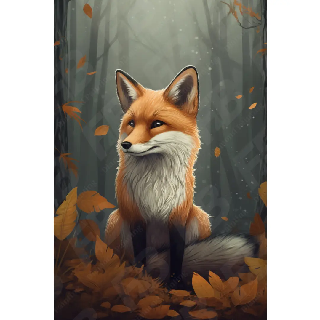 Gedetailleerde diamond painting van een vos omgeven door herfstbladeren in een mistig bos.