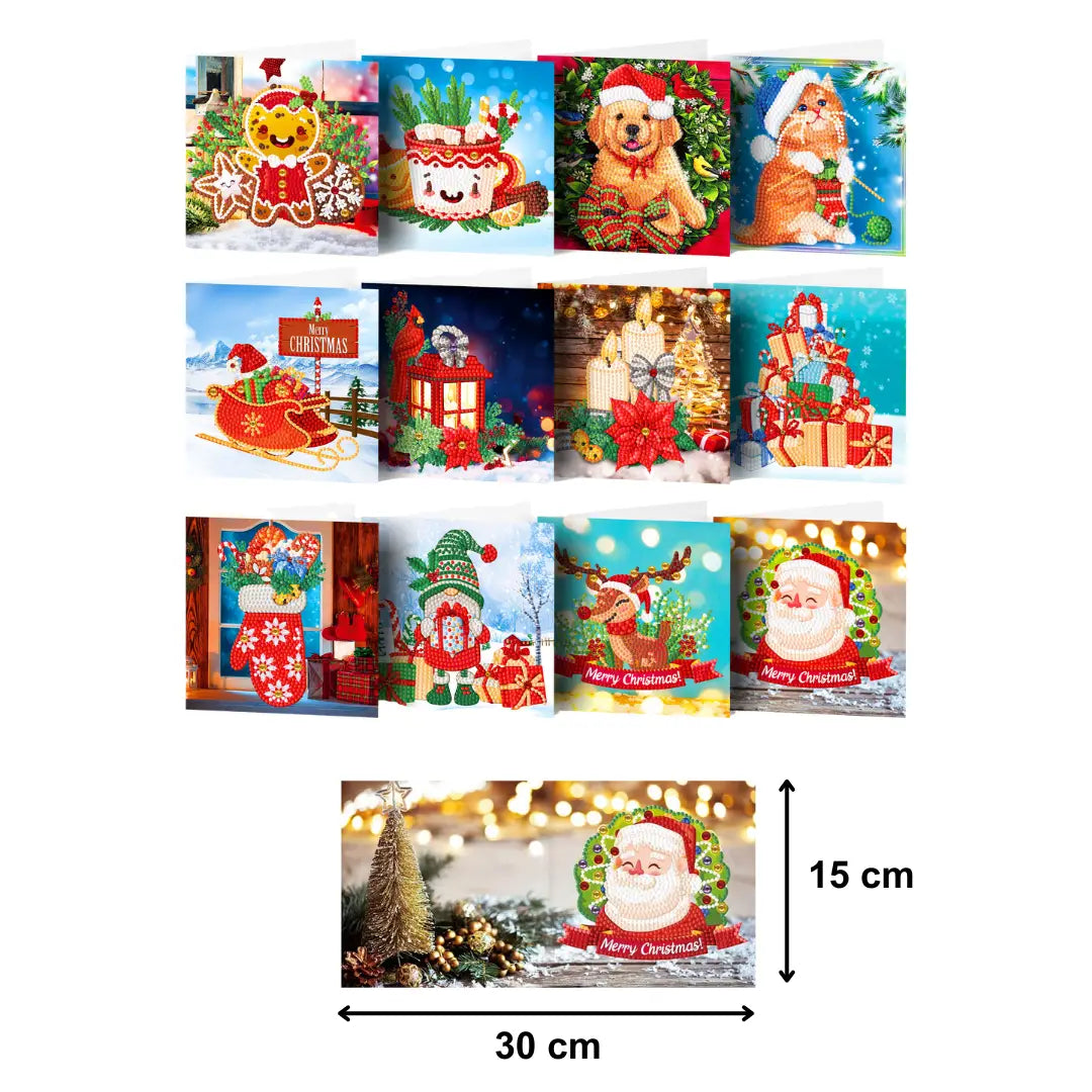 Diamond Painting Kaarten - Kerstkaarten (5) - 15x15cm - 12-Delig - Ronde Steentjes - Met Enveloppen