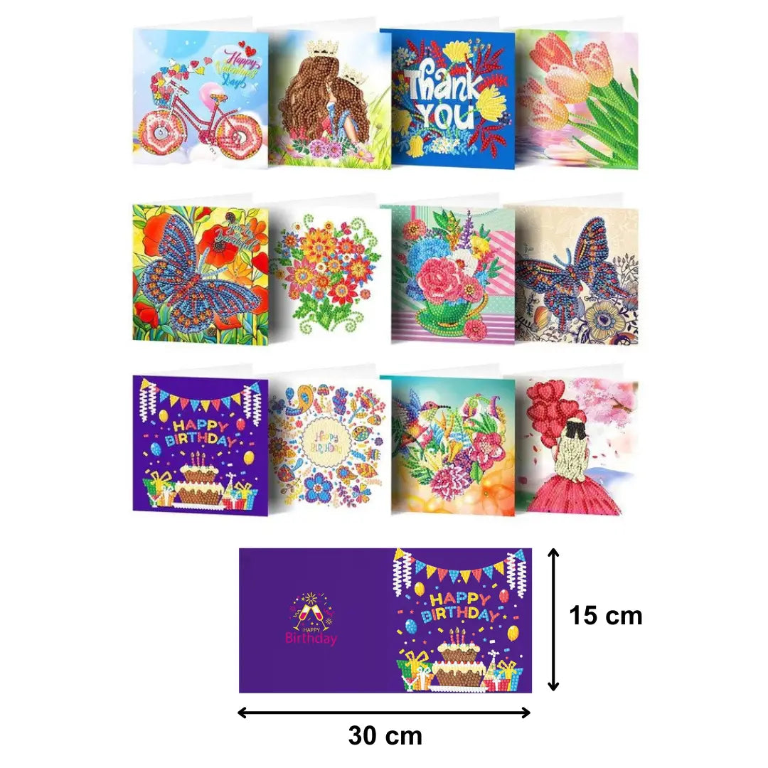 Diamond Painting Kaarten - Wenskaarten (3) - 15x15cm - 12-Delig - Ronde Steentjes - Met Enveloppen