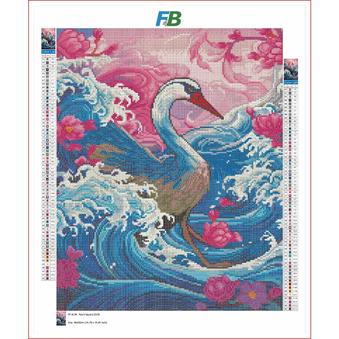 Diamond painting patroon van een kraanvogel met golven en roze bloemen, 40x50 cm