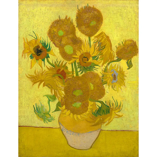 Diamond painting van Zonnebloemen, een beroemd schilderij van Vincent van Gogh met een boeket zonnebloemen in een vaas.