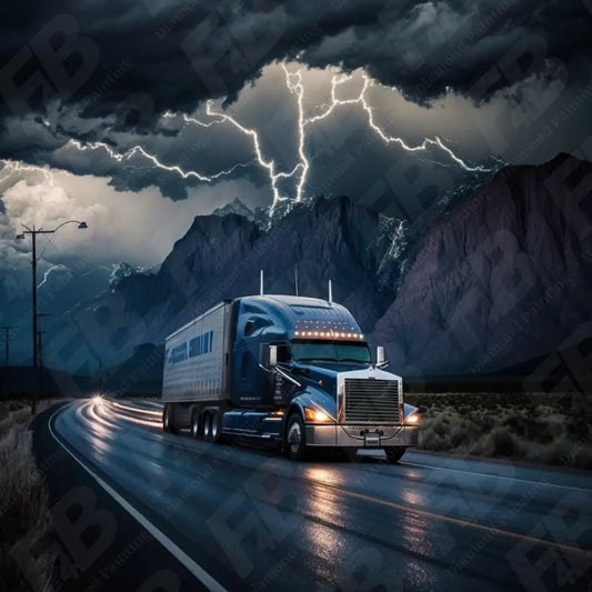 Diamond painting van een blauwe vrachtwagen die 's nachts rijdt op een natte weg met onweer in de bergen.