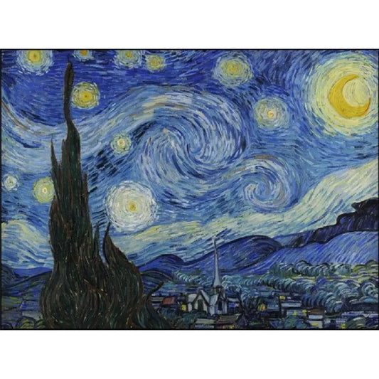 Diamond painting van De Sterrennacht, een beroemd schilderij van Vincent van Gogh met een nachtelijk tafereel vol sterren en een dorpje.