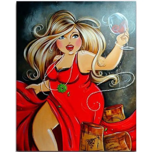 Dikke Dames diamond painting van een vrouw in een rode jurk die danst met een glas wijn, omringd door wijnkurken en parelsnoer.