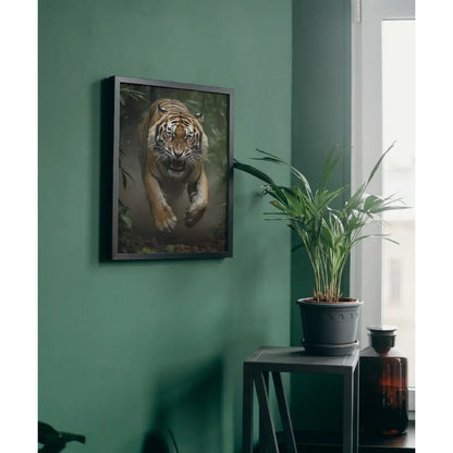 Diamond painting van een springende tijger in een jungle, stijlvol tentoongesteld in een groene kamer.