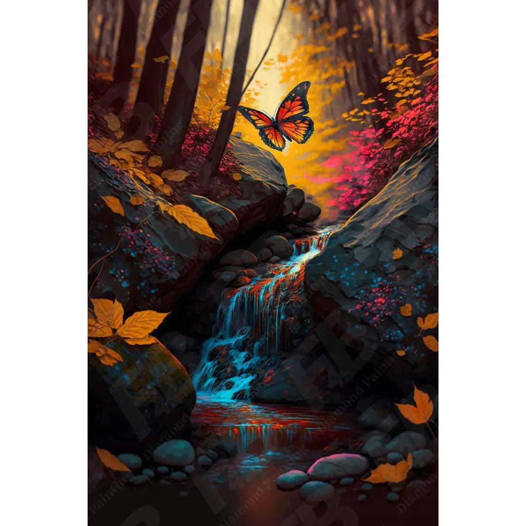 Levendige diamond painting van een kleurrijke vlinder boven een beekje met watervallen en herfstbladeren.