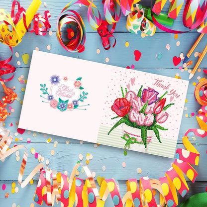Diamond painting wenskaart met bloemenkrans en 'Best Wishes' tekst, omgeven door feestelijke confetti en linten, ideaal voor speciale gelegenheden.
