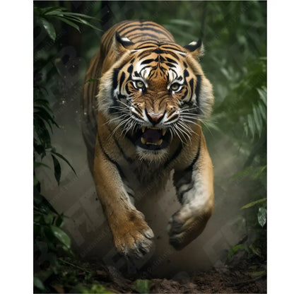 Intense diamond painting van een brullende tijger die door de jungle springt.