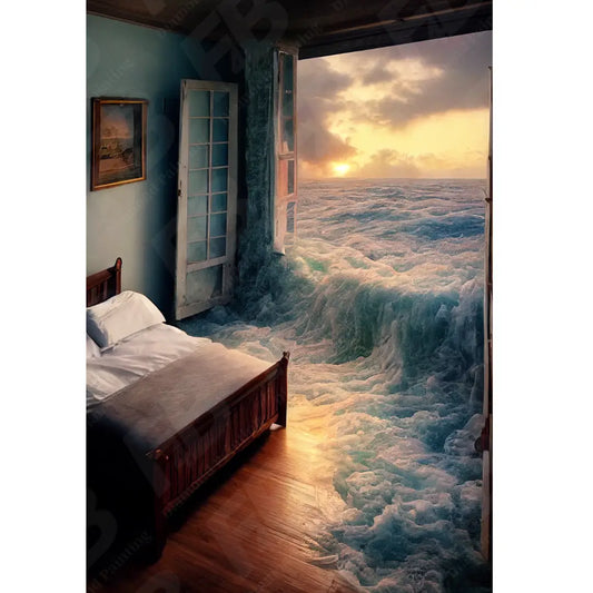 Diamond painting van een surrealistisch beeld van een slaapkamer met uitzicht op een stormachtige zee bij zonsondergang.