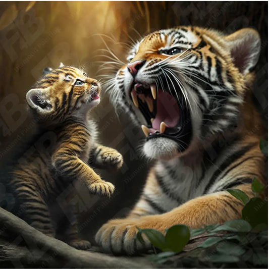 Levendige diamond painting van een brullende tijger met zijn welp in de jungle.