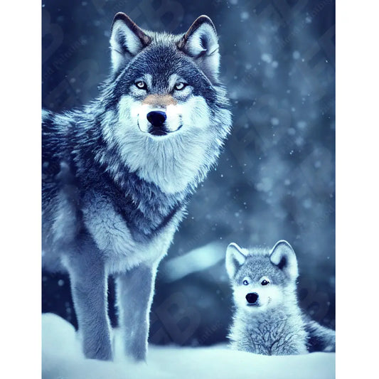 Gedetailleerde diamond painting van een volwassen wolf en jonge welp in een sneeuwrijke omgeving.