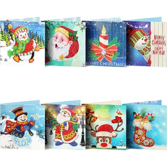 Set van diverse kerstthema diamond paintings met feestelijke personages en elementen zoals kerstmannen en kerstcadeaus.